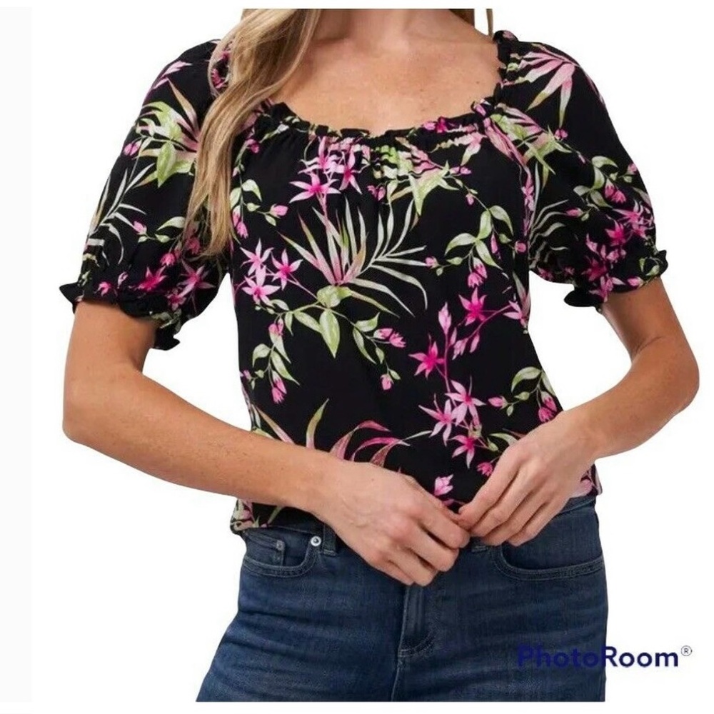 CeCe Serene Square Neck Floral Blouse Black Pink Size Large